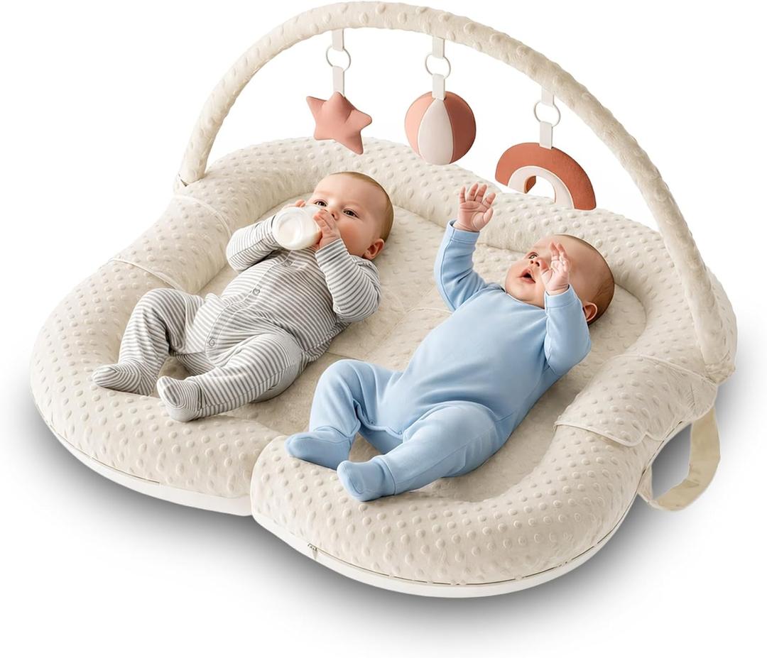 Twins Baby Play Mats for Floor Activity Gym - 5-in-1 Support Cushion Baby Play Mat Tummy Time Mat for Supervised Bonding with Arch, Plush Toys, Flashcards & Developmental Book - Beige