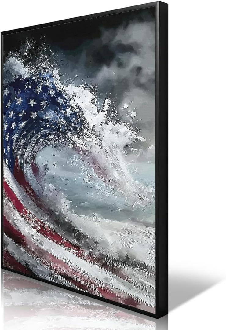 American Flag Canvas Wall Art, 4th of July Patriotic Poster Print, USA Flag Ocean Waves Abstract Picture, Modern Independence Day Wall Decor for Bedroom Living Room 16x24in Unframed