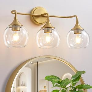 Gold Bathroom Light Fixtures 3 Light Bathroom Vanity Light with Clear Glass Shade, 22 inch Vanity Lighting Fixtures Over Mirror, Vanity Lights Fixture (Exclude Bulb)