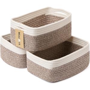 Small Storage Baskets for Organizing | Closet Organizer Bins | Shelf Toy Basket | Woven Rope Baskets | Cube Decorative Box | Shallow Basket | 13x8.5x5.1 | 3 Packs White Brown