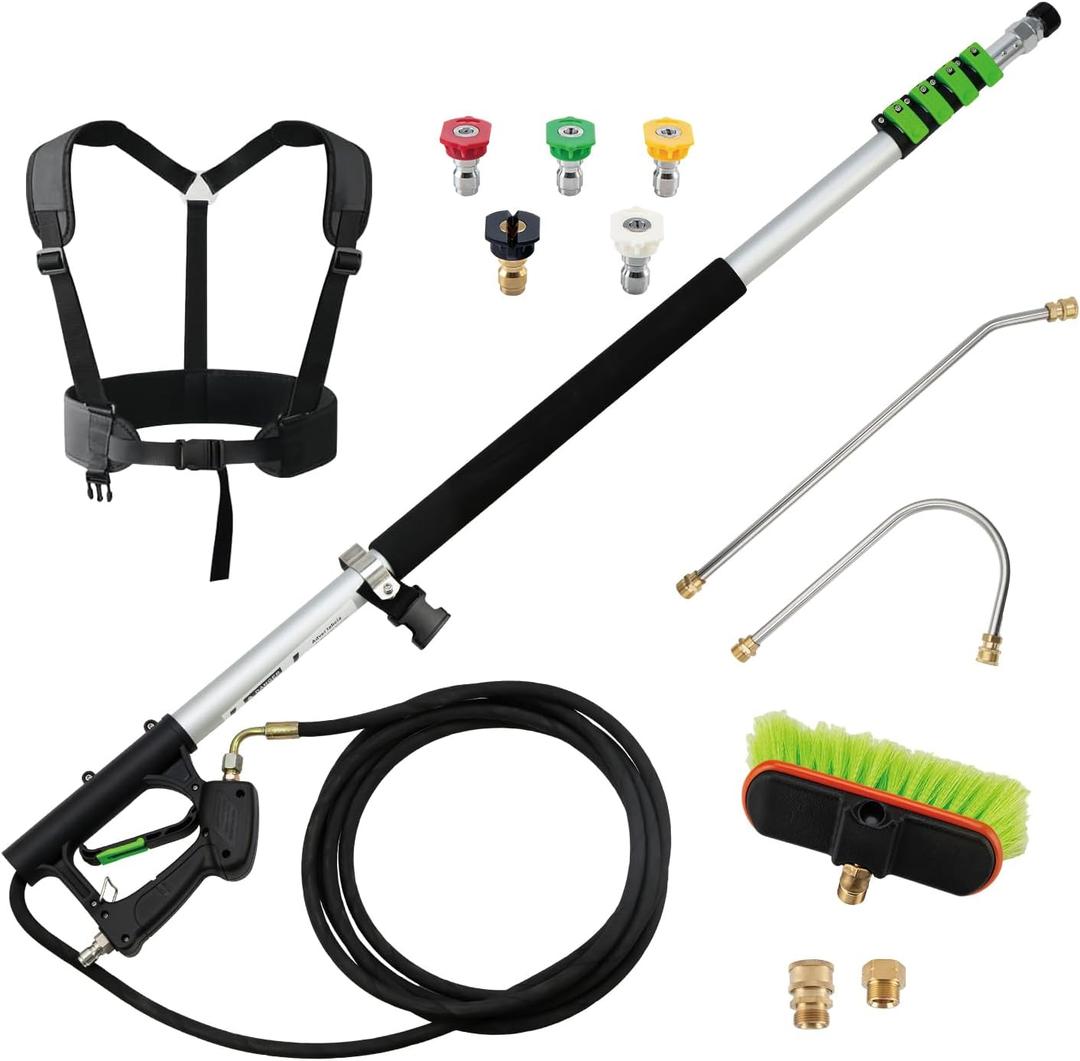 Realyou 24 FT Pressure Washer Telescoping Wand with Pressure Washer Extension Wand, Gutter Cleaner tool, 5 Spray Nozzle Tips, 2 Hose Adapters, Support Belt and Bursh Head