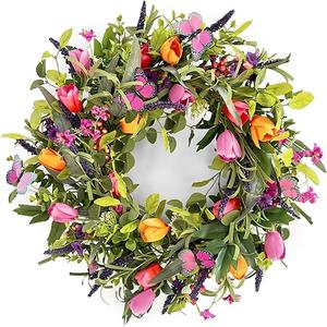 24" Wreaths for Front Door, Wreath with Tulip Wreath, Butterfly, Lavender and Eucalyptus, Vivid Artificial Floral Wreath for Wall Window Farmhouse Party Holiday Home Décor