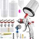 HVLP Spray Gun Kits, 1.4/1.7/2.0/2.5mm Nozzles with 650ml Mixing Cup & 10x Disposable Cups, Air Regulator, Paint Gun Automotive Gravity Feed Kit Cars Paint Gun, Furniture, Fence, DIY (Red)