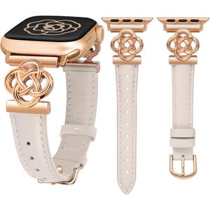 Wearlizer Slim Leather Band Compatible with Apple Watch Bands Women 41/40/38/42/44/45/46/49mm, Dressy Fancy Designer Celtic Knot Thin Strap for iWatch Series 11 10 9 8 7 6 5 4 3 SE/Ultra 3 2 1 (Starlight/Rose Gold)
