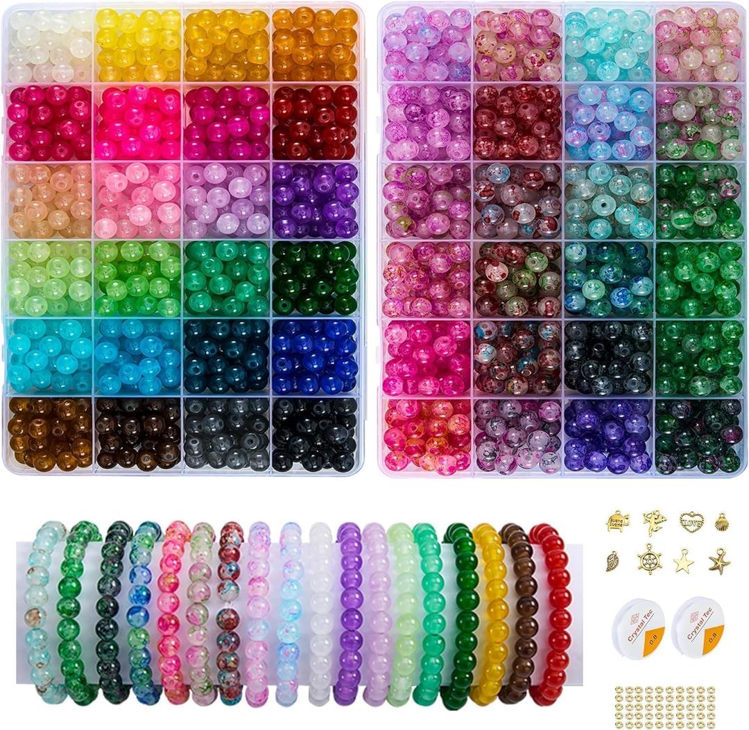 2 Pack More Than 1300PCS Round Glass Beads for Jewelry Making,48 Colors 8mm Crystal Beads for Bracelets Jewelry Making and DIY Crafts, 2 Box Round Beads Suitable for Beginners. (Solid+Printing)