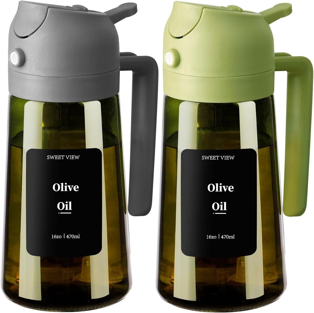 2 x SWEET VIEW 2PCS Olive Oil Dispenser and Oil Sprayer 16oz/470ml Glass Light-Proof Oil Pourer for Kitchen Air Fryer, Cooking, Salad, and BBQ, with Stickers
