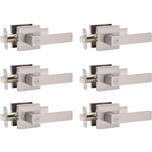 Interior Door Handle Satin Nickel Door Knob Keyless Levers Set (6 Pack), Heavy Duty Privacy Door Handle Lock for Bedroom or Bathroom, Square Door Lock for Left Right Handle Doors