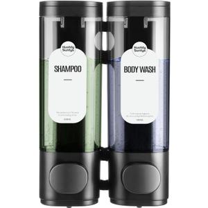 2-Chamber Shampoo and Conditioner Dispenser Shower Soap Dispenser 2 Chamber No Drill,Shower Soap Dispenser Wall Mounted, HUOTDY SUNTYS Body Wash Dispenser Set for Bathroom Toilet Hotel Kitchen (BLACK)