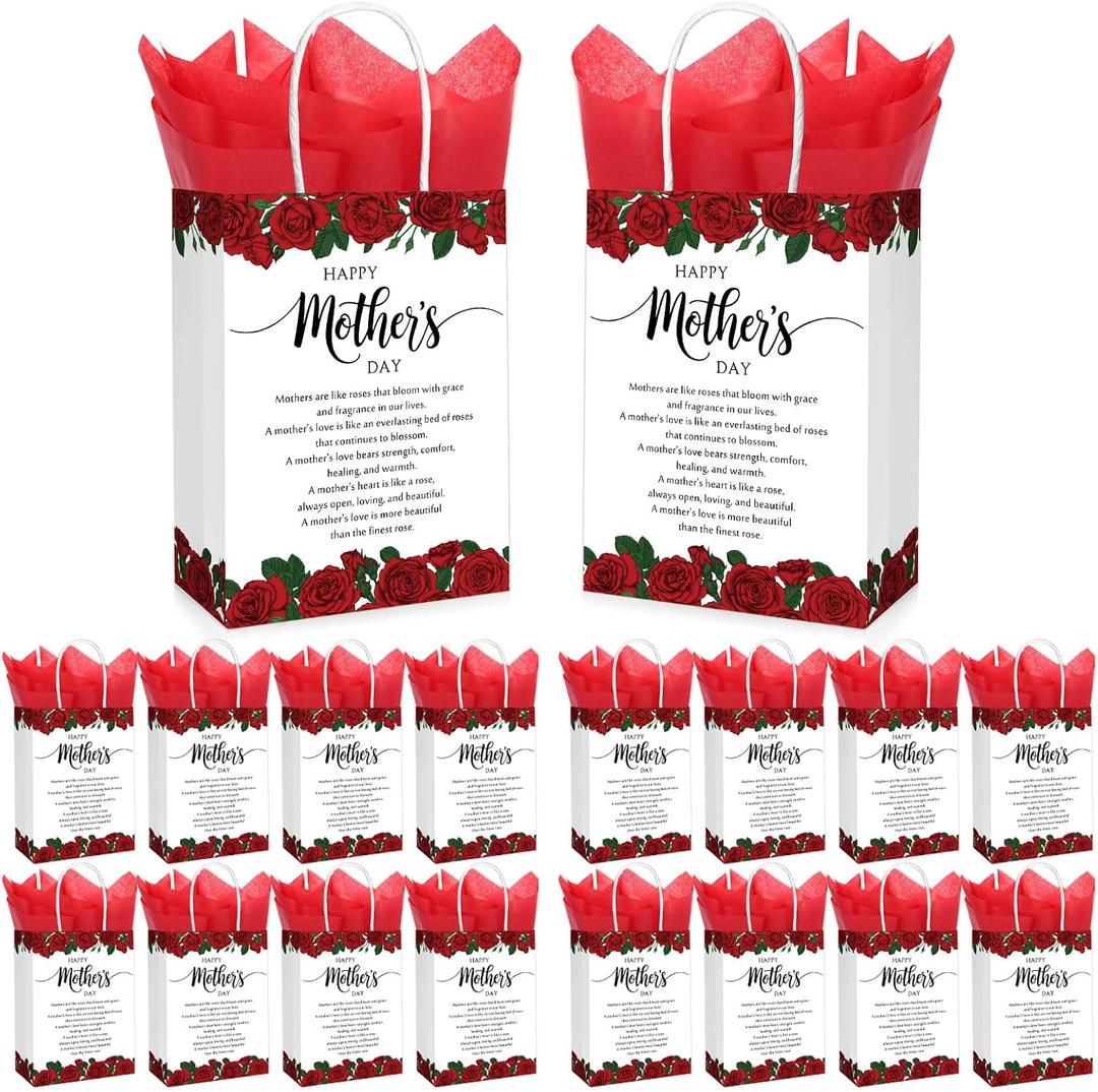 Sinload 50 Pcs Religious Mothers Day Gifts Bags Bulk with Tissue Christian Red Rose Gifts Bags with Handles Religious Happy Mother Day Goodie Bag for Women Best Mom Church Gift Wrapping