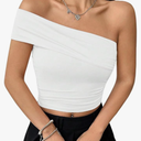 WDIRARA Women's Off Shoulder Top Short Sleeve Ruched Tee Shirt Crop Tops Large