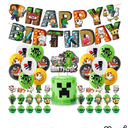 Pixel Game Birthday Party Decoration Supplies with Happy Birthday Banner, Backdrop, Latex Balloons,Cake & Cupcake Toppers for Miner Pixel Gamer birthday Decor
