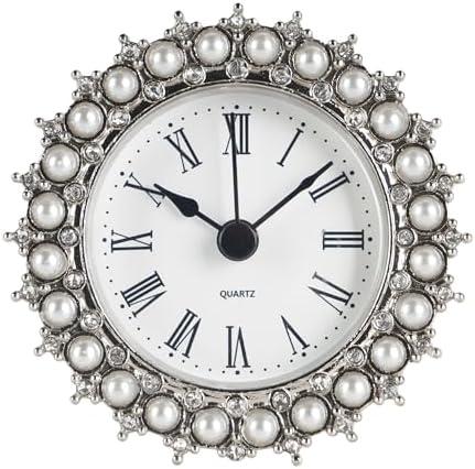NIKKY HOME Small Table Clock with Faux Pearls Battery Operated for Living Room Decor Desk Shelf 3'', White