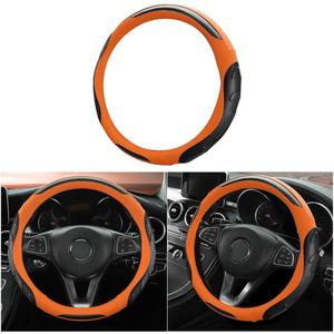 LoyaForba Leather Steering Wheel Cover, Auto Car Stretch Steering Wheel Protector, Universal 15 Inch Anti-Slip Breathable Odorless Steering Wheel Cover for Men Women (Black/Orange)