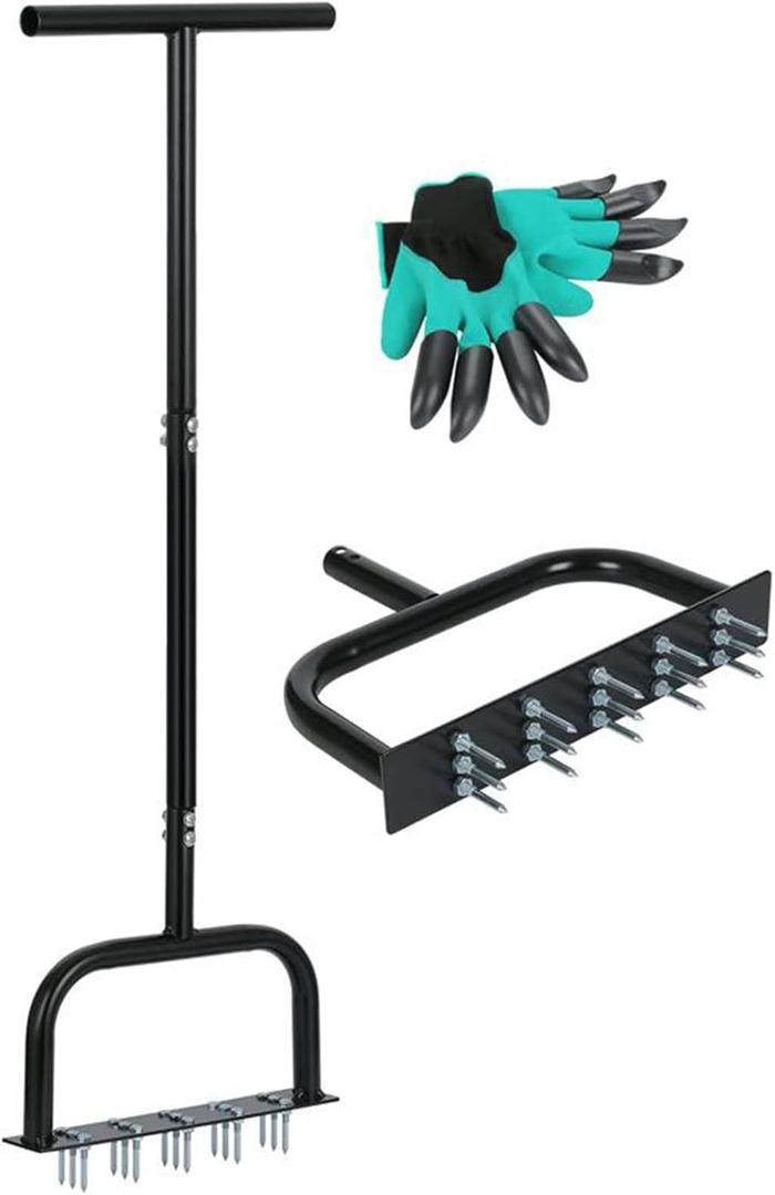 Lawn Aerator Tool, Manual Lawn Aerators with Dethatching Rake and 15 Iron Spikes, Grass Aerator Tools for Yard, Lawn Aeration, Garden Tool or Revives Lawn Health, Black 