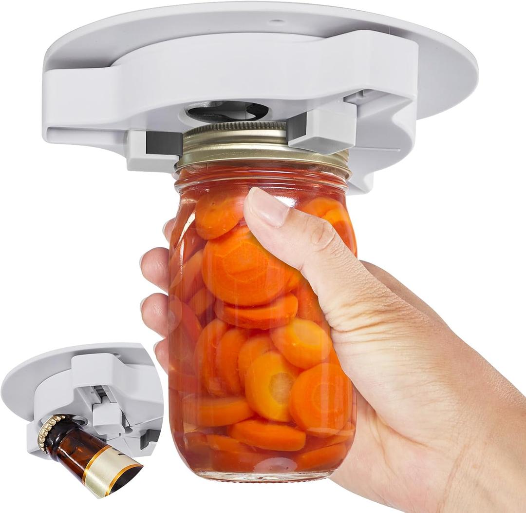 Banyaa Jar Opener Bottle Opener for Seniors with Arthritis - Under Cabinet Jar Opener for Weak Hands, Rotary Lid Opener, Easy Twist-Off Lids for Jars & Bottles, Original Kitchen Gadgets (White)