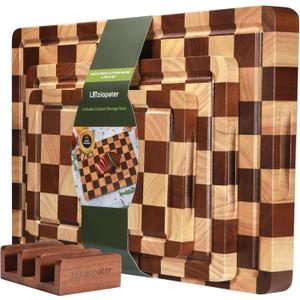 Checkerboard Cutting Board 3-PC Set, Solid Wooden Chopping Board, Acacia Wood Cutting Board for Kitchen with Holder with Deep Juice Grooves & Built-in Handles, for Meat, Vegetables and Fruits, 3-piece Set
