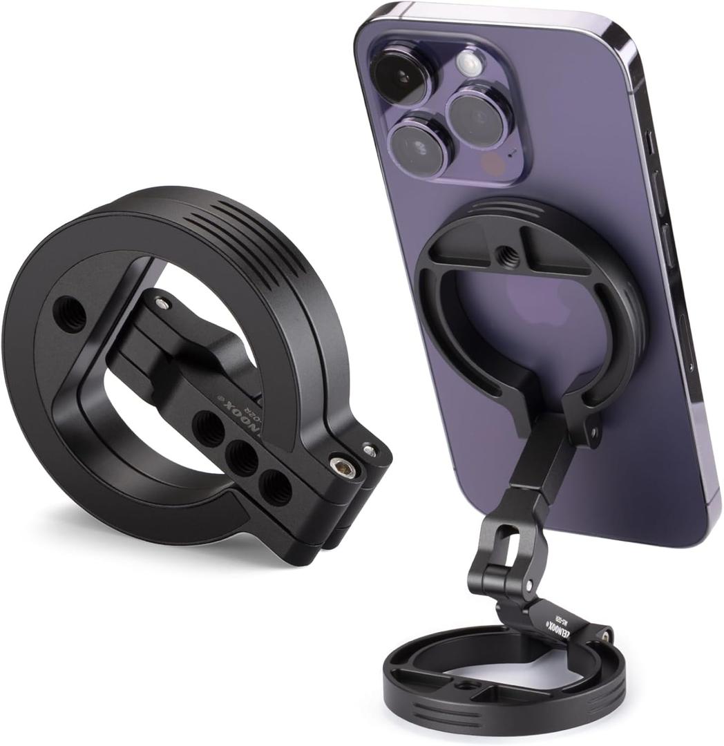 Double Magnetic Ring Phone Holder – Attach to Any Iron Surface | 1/4" Screw Hole | Compatible with iPhone 17/16/15/14/13/12 Pro Max Series & MagSafe Cases (MS01Black)