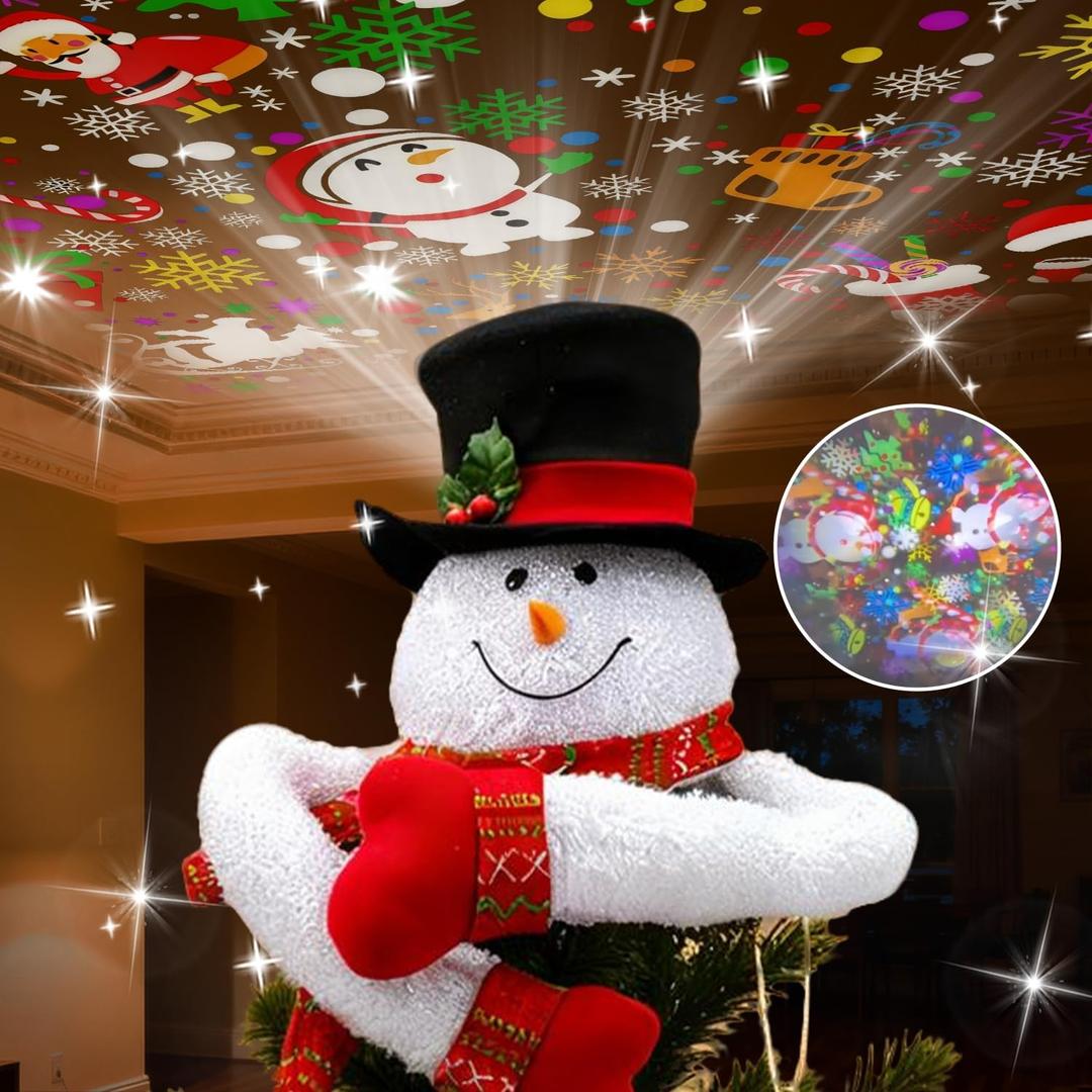 Christmas Tree Topper with Snowflake Projector Light, Holiday Hat Decor for Xmas & New Year, White