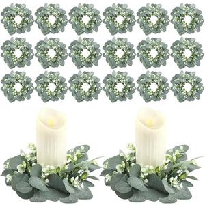 20 Pcs Artificial Eucalyptus Candle Rings, Boho Wedding Candle Holder Wreaths with Green Leaves, Decorative Pillar Candle Rings for Centerpieces and Home Decor