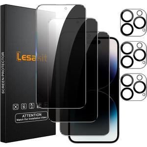 Lesakit 3+3 Pack Privacy Screen Protector for iPhone 14 Pro 6.1-Inch with 3 Pack Camera Lens Protector, Anti Spy Tempered Glass Film 9H Hardness Bubble Free Case Friendly