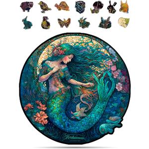 Crafthub Mystical Creatures Wooden Puzzles for Adults  A3 Dreamy Mermaid with 127 Pieces Wood Puzzles  Jigsaw Puzzles with Unique Animal Shapes  10.9"x10.9"