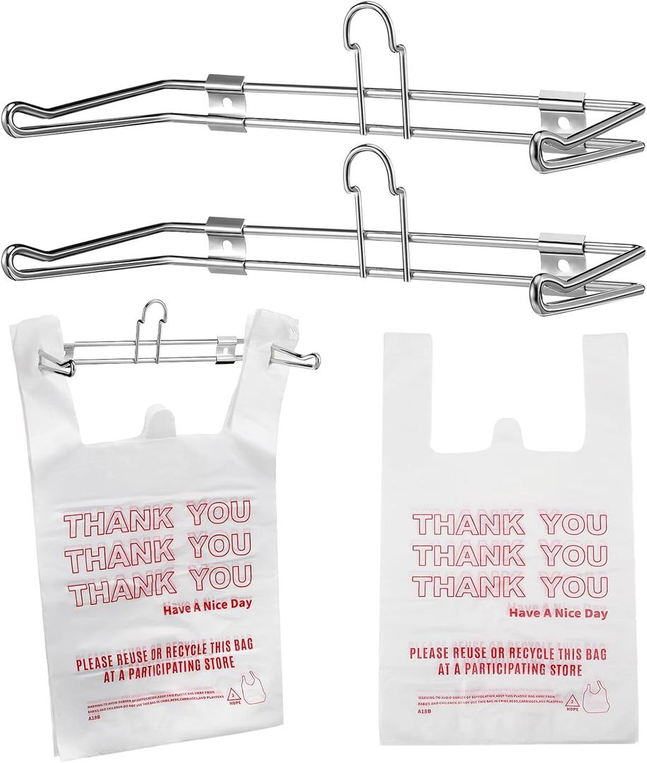 Lounsweer 2 Pcs Plastic Grocery Bag Holder with 50 Pcs Bags, T-shirt Sack Organizer Rack Hanging Holder, Storage Organization Accessories for Grocery Store Supermarket Restaurant Business