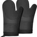 Extra Long Silicone Oven Mitts, Heat and Slip Resistant Oven Mitts with Soft Cotton Lining Non-Slip Textured Grip, Long Flexible Thick Gloves for BBQ, Baking, Cooking, 12.59 inches, Black
