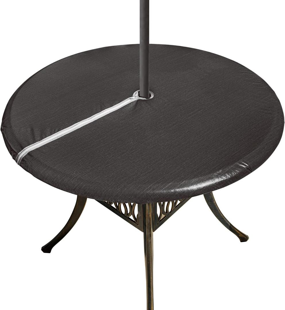 Vinyl Outdoor Tablecloth Round with Zipper and Umbrella Hole 100% Waterproof Wipe Clean PVC Table Cover for Party, Picnic and Patio, 40" - 44"