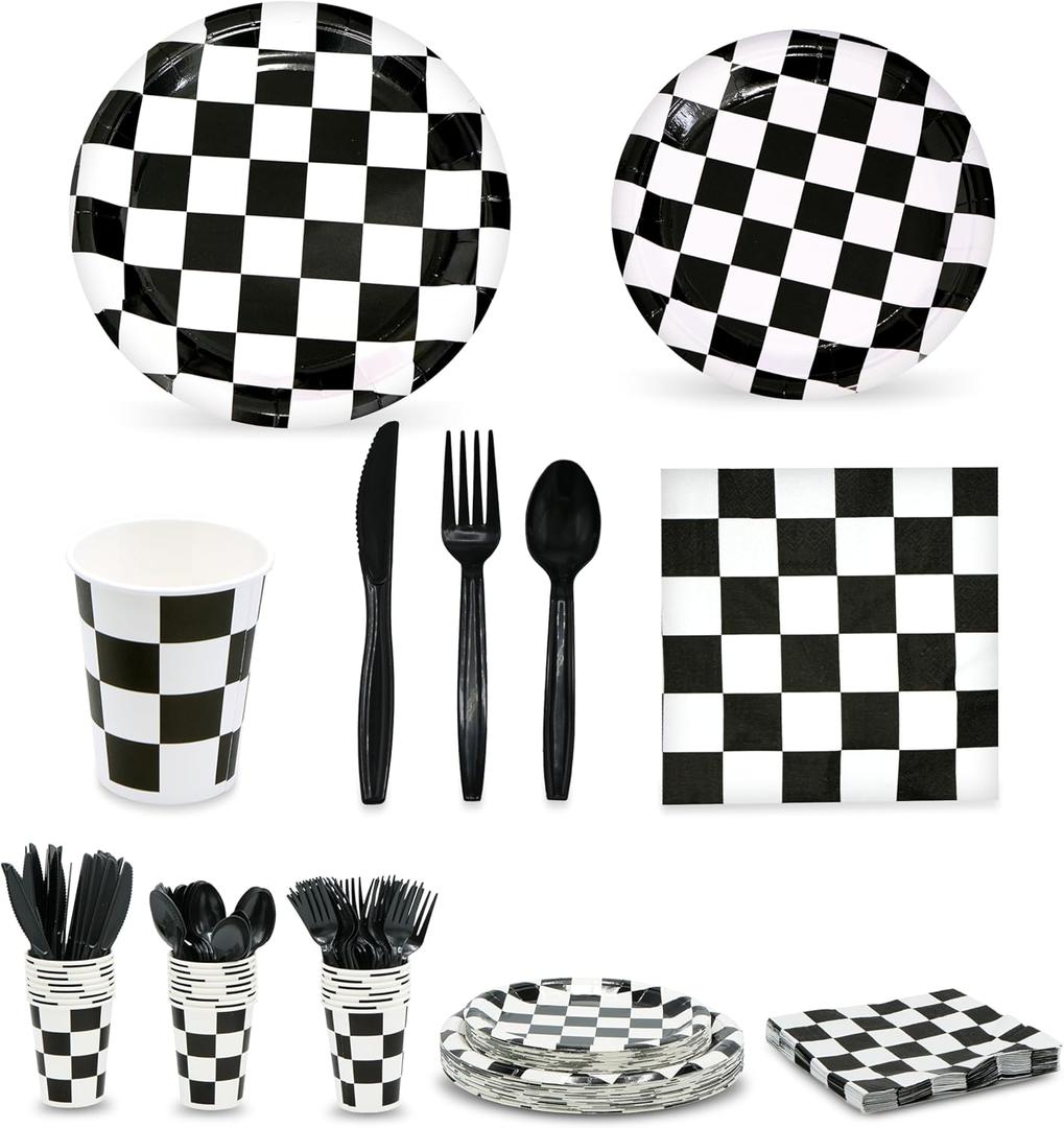 Checkered Party Supplies Set Servers 24 - Checkered Flag Plates, Cups, Napkins, Cutlery - For Race Car Birthday Party Supplies Table Ware Decorations by 4E's Novelty