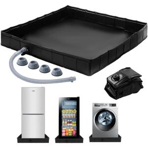 Foldable Washing Machine Drain Pan with Drain Pipe & 4 Anti-Vibration Pads, Portable Leak Proof Tray Non Slip Leak Proof Anti Vibration Waterproof Drip Tray 31.5x31.5x4.7 With Raised Edge