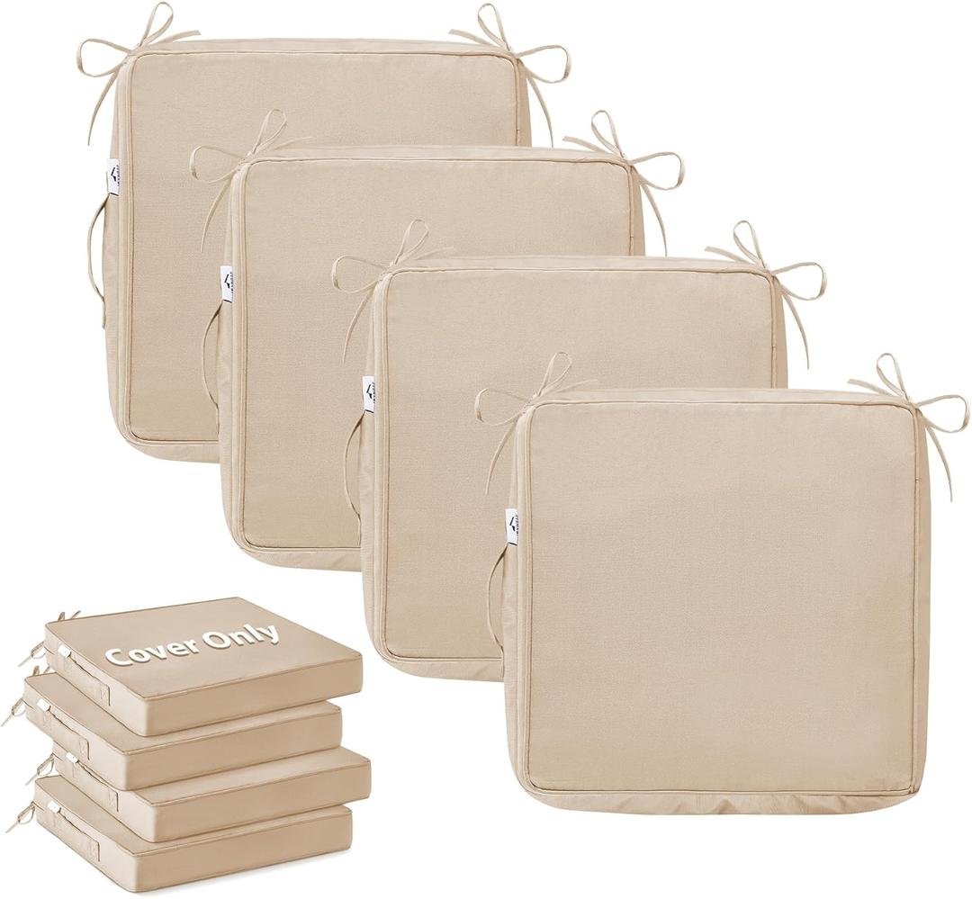 IPYNBAP 19x19x3 Inch Outdoor Chair Cushion Cover Set of 4, Water-Resistant & Fade-Resistant Patio Seat Cushion Cover, Replacement Cushion Covers for Chairs with Handle and Ties, 4 Pack, Beige