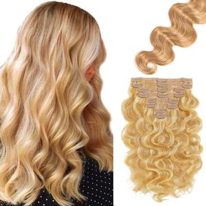 P27/613 Blonde Clip in Hair Extensions Human Hair, Highlight Honey Blonde Body Wave Remy Hair Extensions Clip ins for Women, 14 Inch 120g 7Pcs, Blonde Human Hair Extension