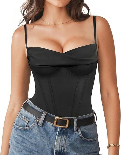 Popilush Corset Bodysuit for Women Tummy Control Shapewear Bodysuits Cowl Neck Going Out Tops Concert Outfits L