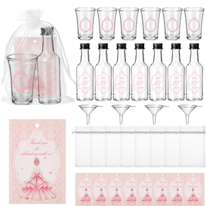Yiyiring 24 Set Quinceanera Party Favors for Guests Include Añera Clear Shot Glasses Plastic Empty Bottle Thank You Card Organza Bag and Funnel for Sweet 15 Birthday Party Supplies(Pink)