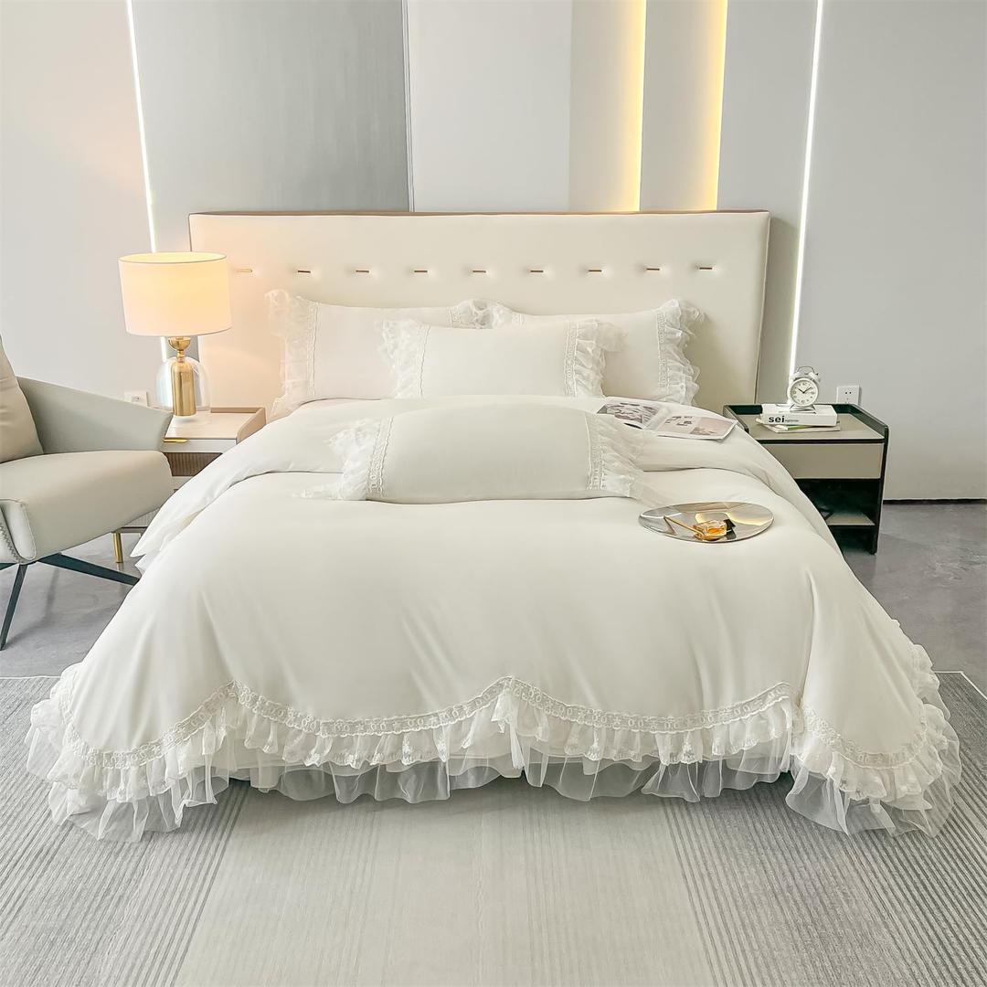 MOOWOO Chic Ruffle Lace Polyester Duvet Cover Set -Girl White Bedding-3 Piece Full Duvet Cover with Zipper Closure -Ultra Soft and Light Weight (White,Full)