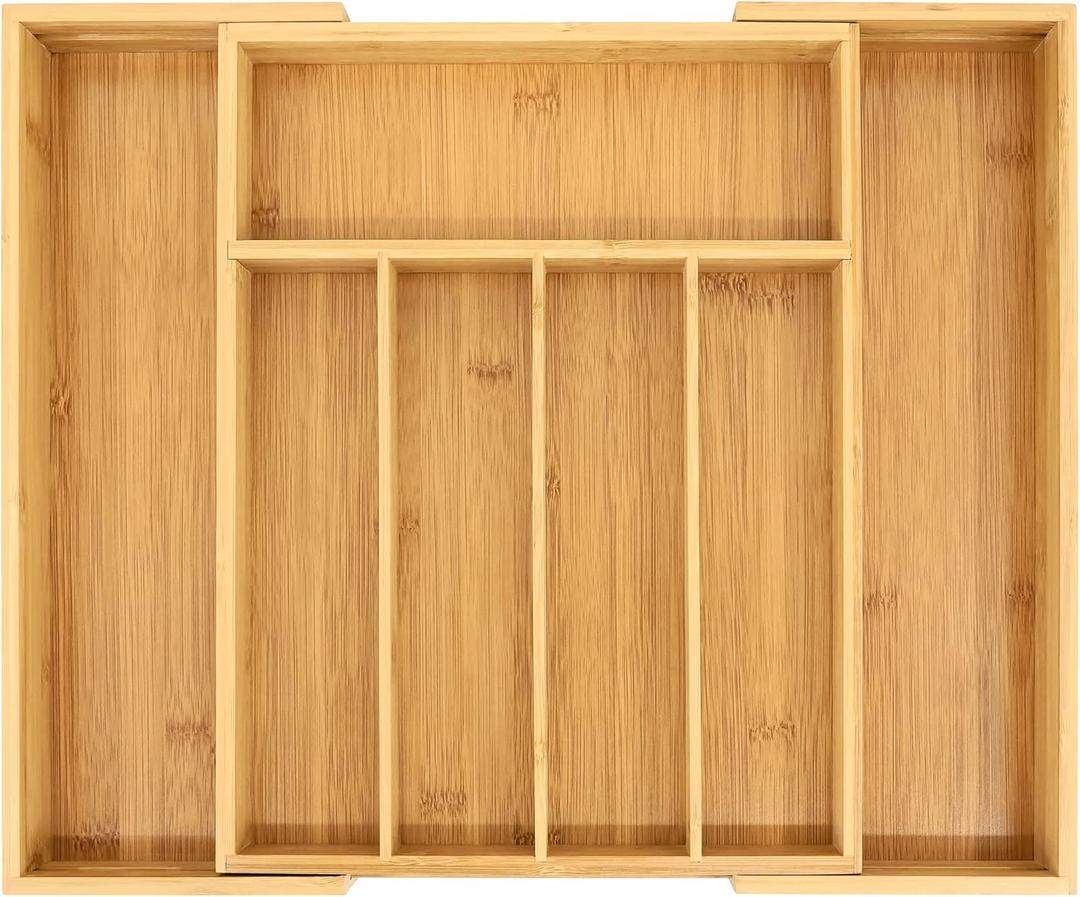 VaeFae Bamboo Drawer Organizer, Expandable Silverware Drawer Organizer, Cutlery Tray with Dividers for Kitchen Utensils, Medium