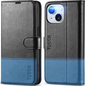 TUCCH Case Wallet for iPhone 15 6.1", Protective [TPU Shockproof Inner Shell], PU Leather [RFID Blocking] [4 Card Holder] Magnetic Closure Stand Cover Compatible with iPhone 15 6.1", Black&Light Blue