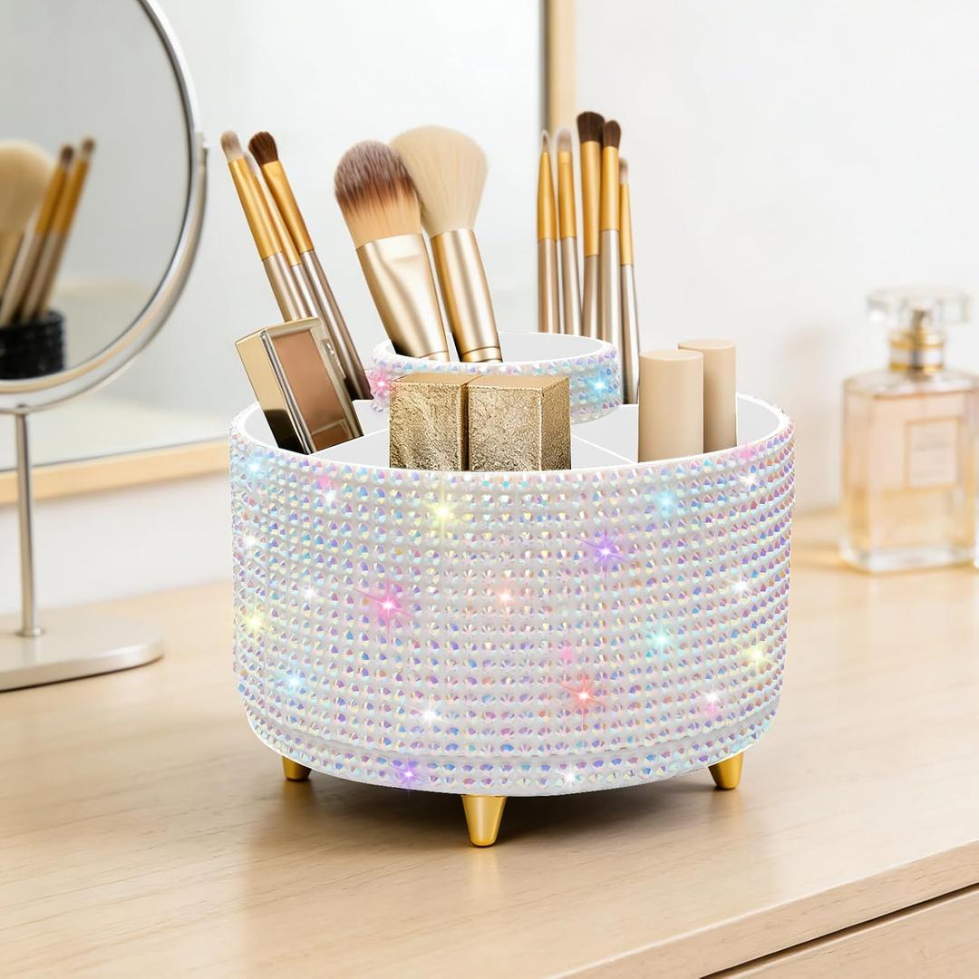 Diesisa Bling Makeup Organizer: 360Rotating Bling Rhinestone Cosmetic Display Cases -Diamond Makeup Brush Holder - 5 Slot Cup for Cosmetics - Bling Lipstick Organizer - Gift for Women - Diamond White