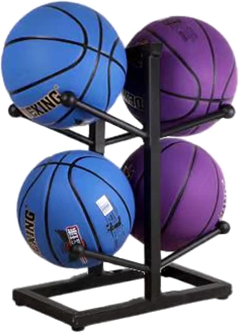 Basketball Rack, 4 Ball Display Ball Metal Ball Rack for Home Garage Rugby Basketball Soccer Volleyball Storage Rack, Black