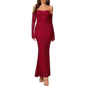 Parthea Womens Sexy Sequin Sparkly Glitter Dresses Off Shoulder Long Sleeve Cocktail Evening Party Elegant Maxi Dress (2-4)