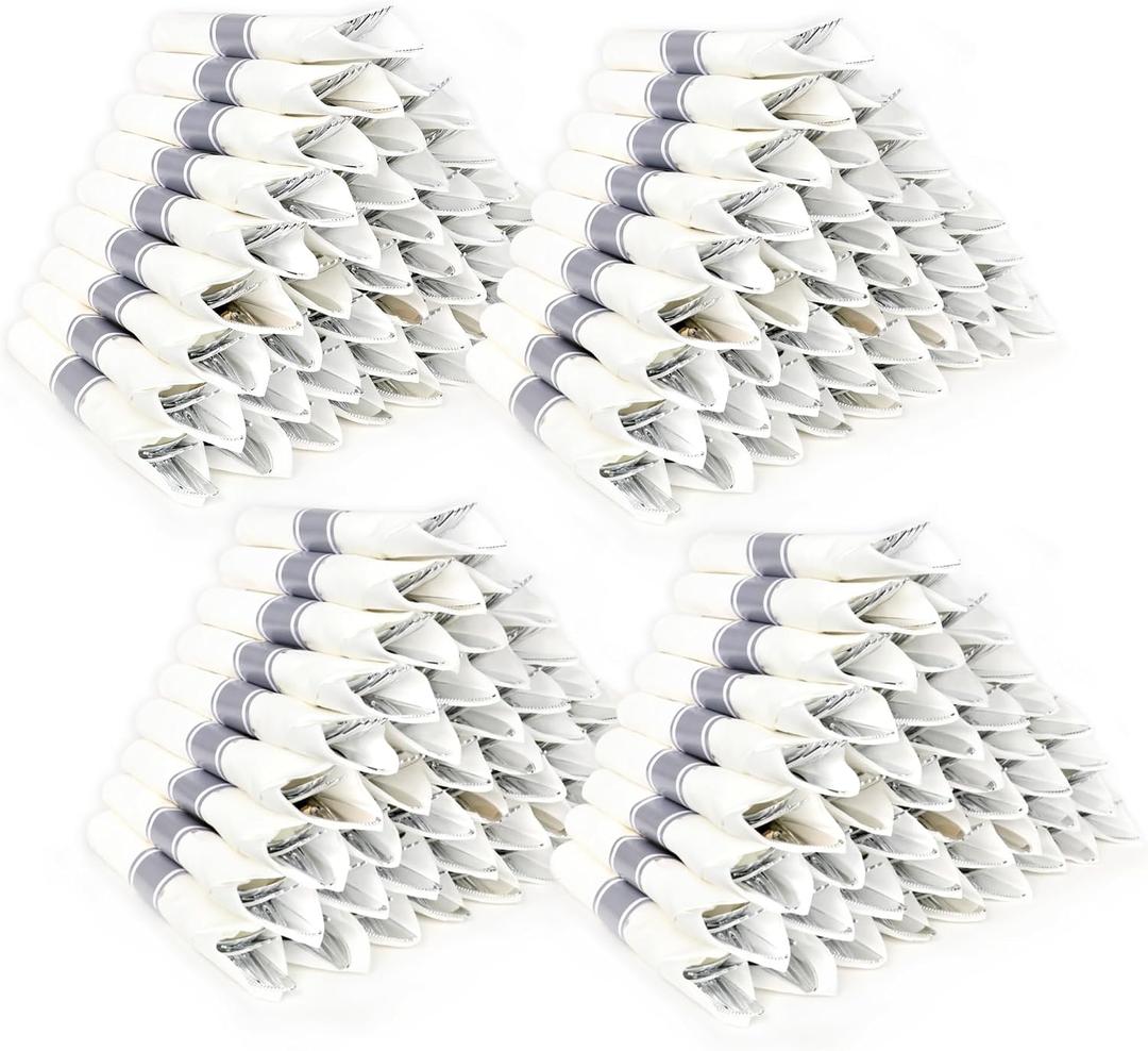 200 Pack Pre Rolled Silver Plastic Silverware Set with Napkins | Wrapped Plastic Cutlery Set with Napkin Include 200 Forks,200 Spoons,200 Knives,200 White Napkins for Party,Wedding,Christmas