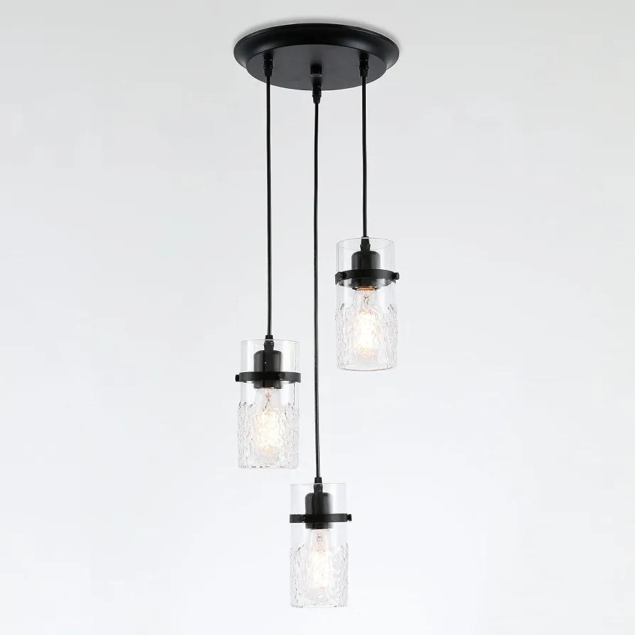 3 Light Pendant Lighting, Adjustable Hanging Light Fixture with Clear Hammered Glass Shade, Light Fixtures Ceiling Hanging for Kitchen Dining Room Kitchen Island, Black.