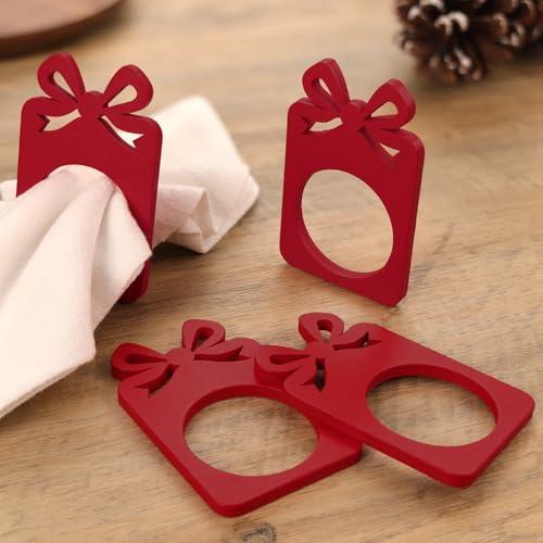 FLAIR GIFTS Gift Bow Wood Napkin Rings 6Pcs, Red Box Napkin Rings for Party Dinner Place Setting Christmas Holidays Decorations, Banquet, Daily Receptions