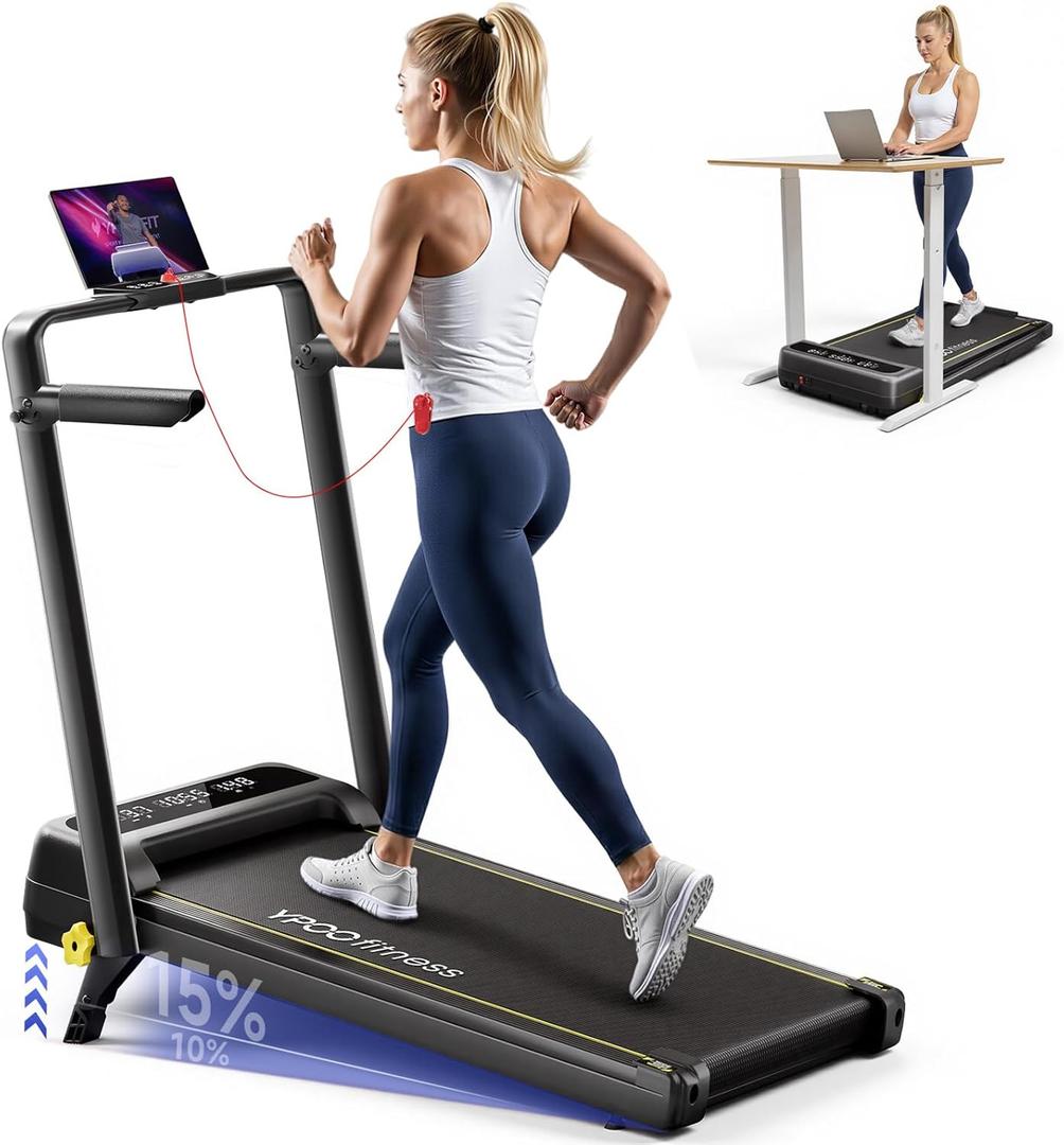 YPOO Foldable Treadmill with Incline, Walking Pad with Handle Bar 3 Level Incline, Portable Folding Treadmills for Home/Office 300 Lbs Capacity, Quiet Desk Treadmill with Remote Control & APP
