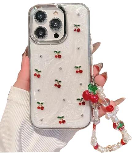 Cute Case for iPhone 15,Red Cherry Pearls with Phone Charm Chain,Pearlized Fruit Case for Women Girls Designed Shockproof