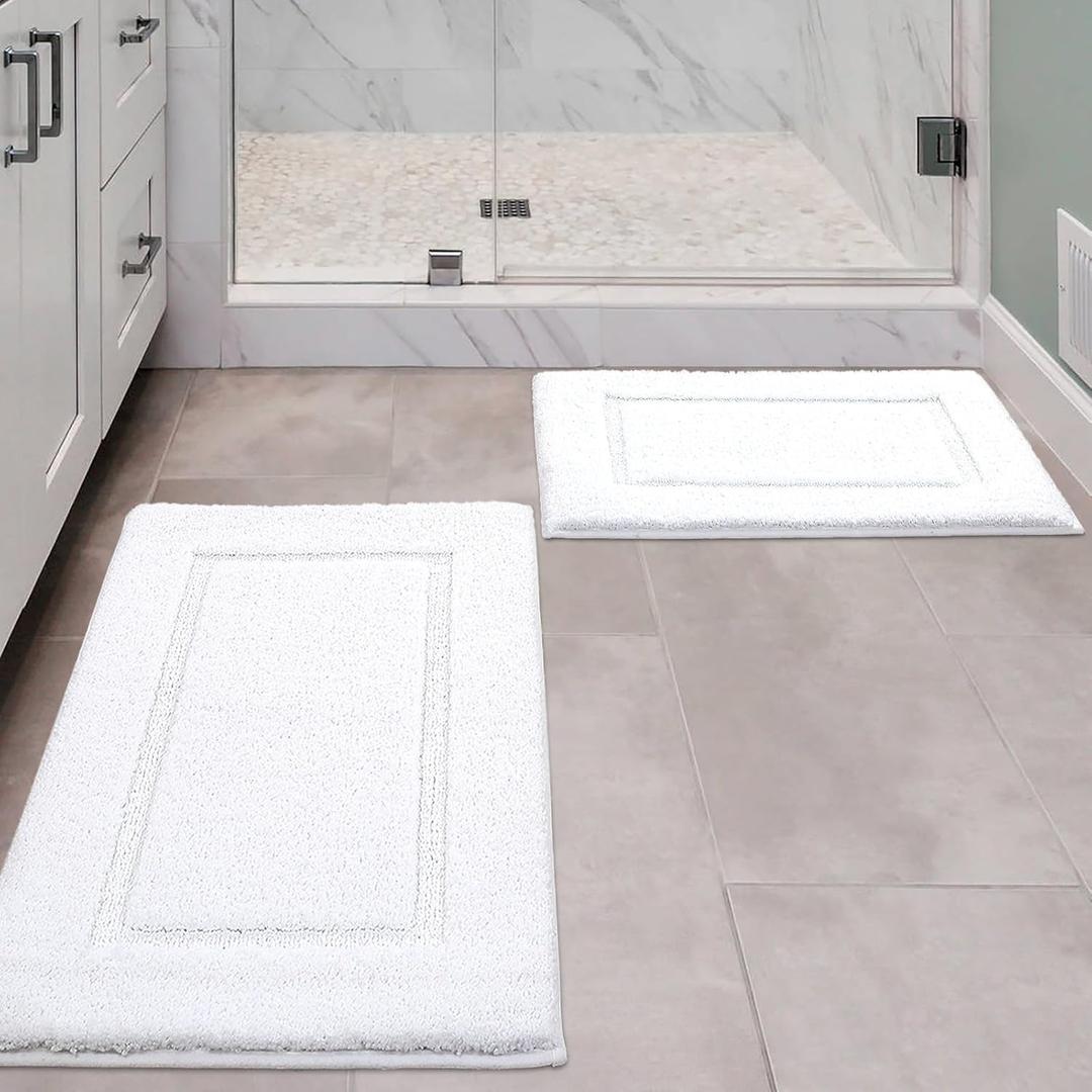 Bathroom Rugs Sets 2 Piece, Ultra Absorbent Soft Bath Rug, Machine Washable Microfiber Non-Slip Bath Mat for Bathroom Floor, Tub, Toilet, Shower Room, White, Size: 16"x24"+20"x32"