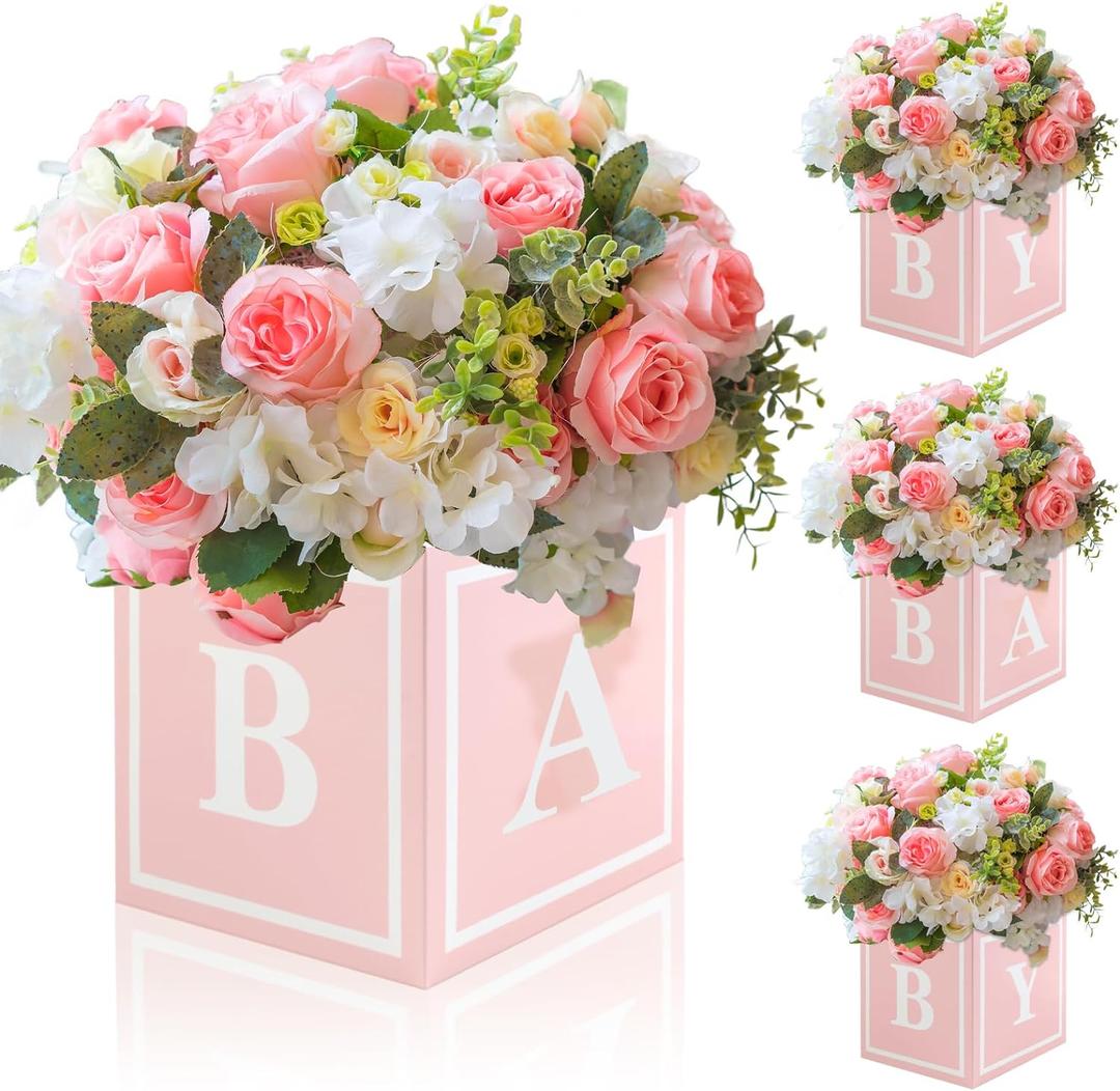 4 Pcs Baby Shower Flower Boxes Table Centerpieces Decoration Pink Baby Block Floral Holder Centerpiece Baby in Bloom Gender Reveal Birthday Party Decors Table Display Its A Girl Its A Boy