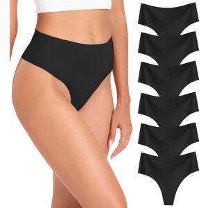 Wealurre Womens Underwear High Waisted Seamless Thongs for Women Breathable No Show Panties for Ladies 6 Pack (Black, M)