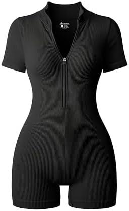 OQQ Women Rompers Ribbed Short Sleeve Zip Front Stretch Tummy Control Yoga Workout Rompers, Size L