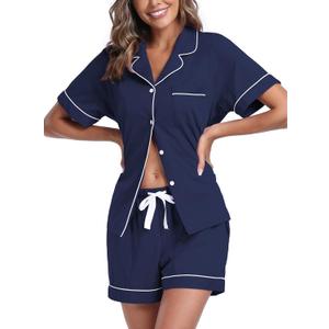 EA'S SECRET Womens Pajamas Set 100% Cotton Soft Short Sleeve Sleepwear Button Down Nightwear Summer Pj Sets (Large, Navy Blue)